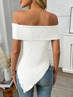 Ribbed Off-shoulder Asymmetrical Hem T-shirt (20)
