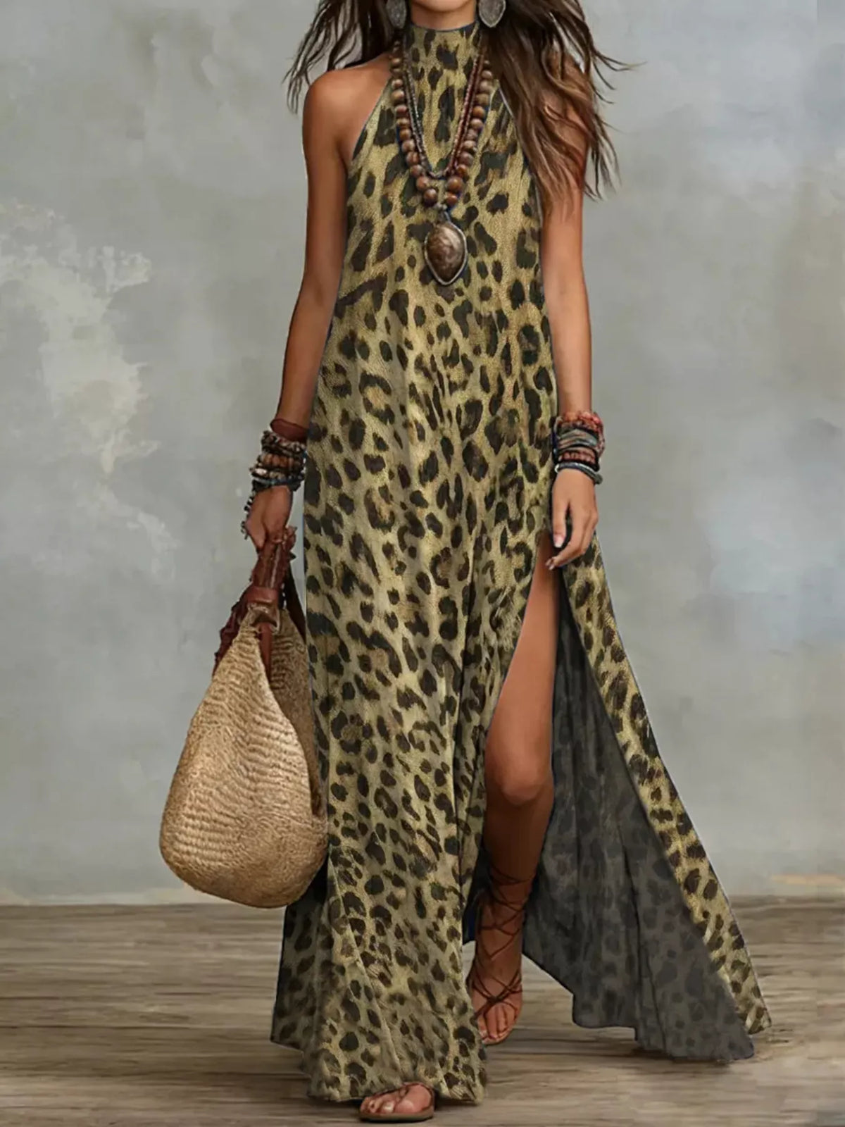 Leopard Print Sleeveless Maxi Dress Side Slit (7)