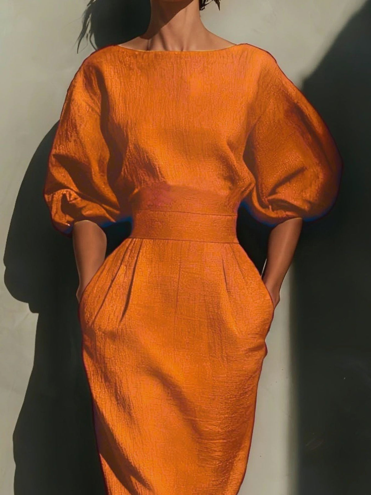 Round Neck Puff Sleeves Midi Dress (2)