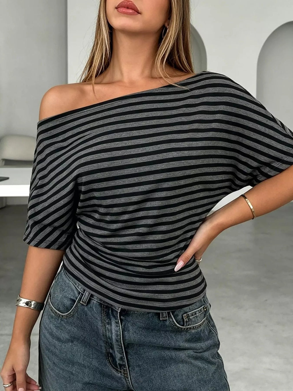 One Shoulder Striped Dolman Sleeve T-shirt (2)