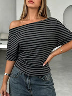 One Shoulder Striped Dolman Sleeve T-shirt (2)
