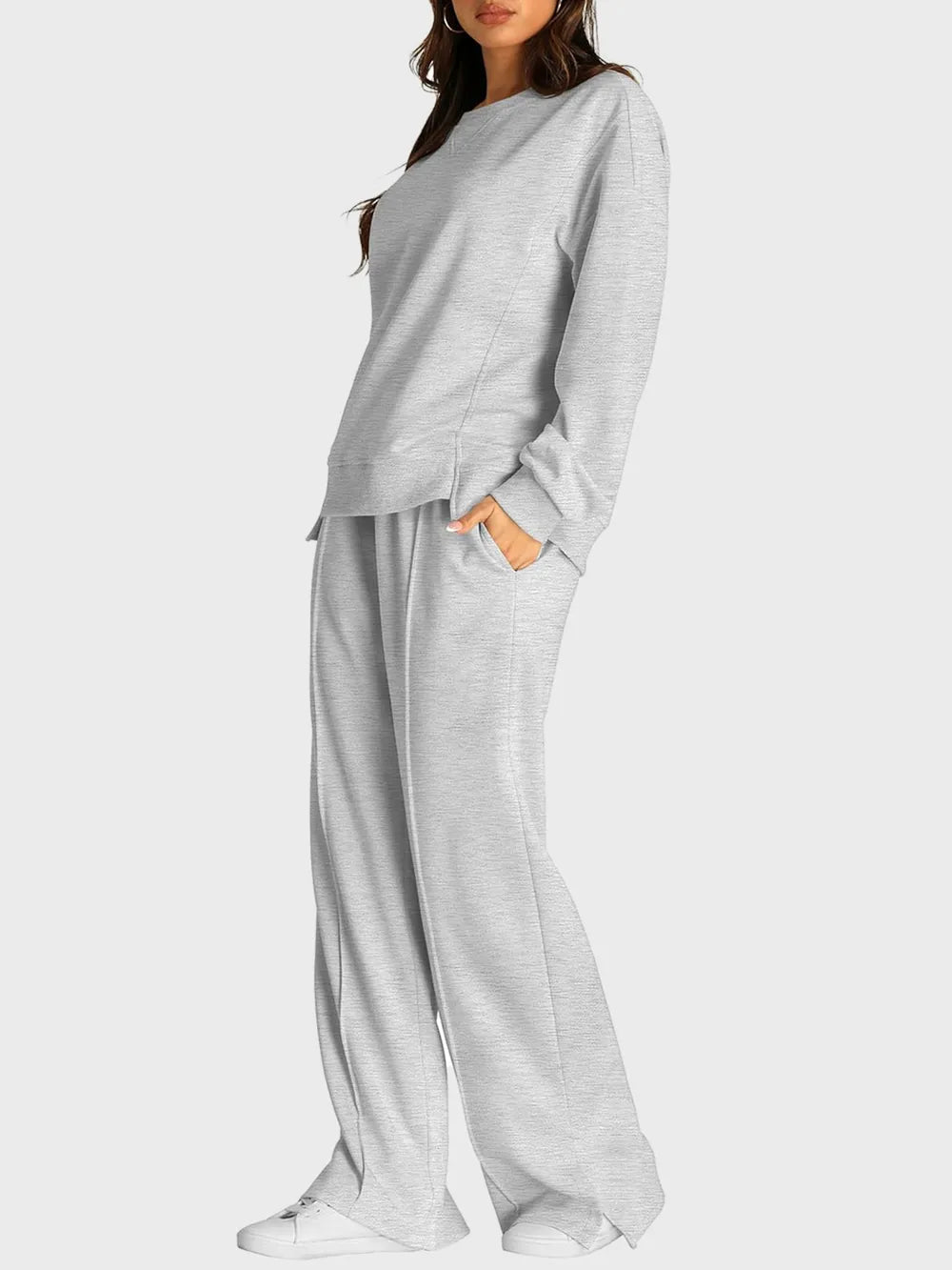 Round Neck Long Sleeve Top Slit Pants Set (4)