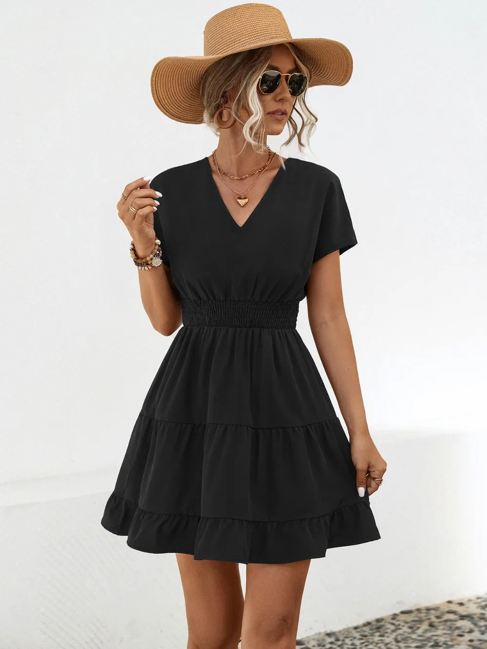 Ruffled Smocked V-neck Tiered Dress (11)