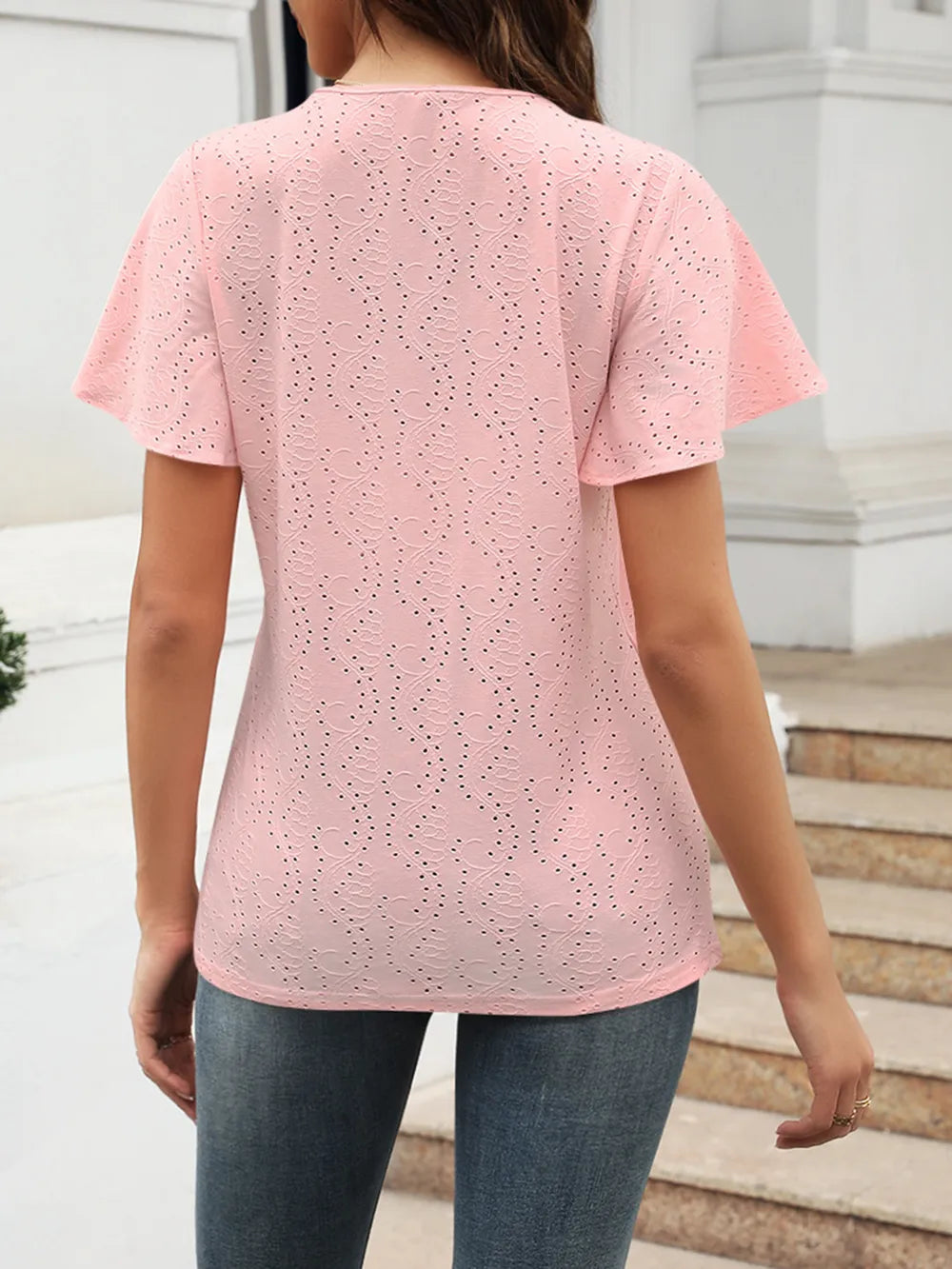 Eyelet V-neck Short Sleeve Blouse (2)
