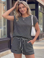 Striped Round Neck Tee Shorts Set