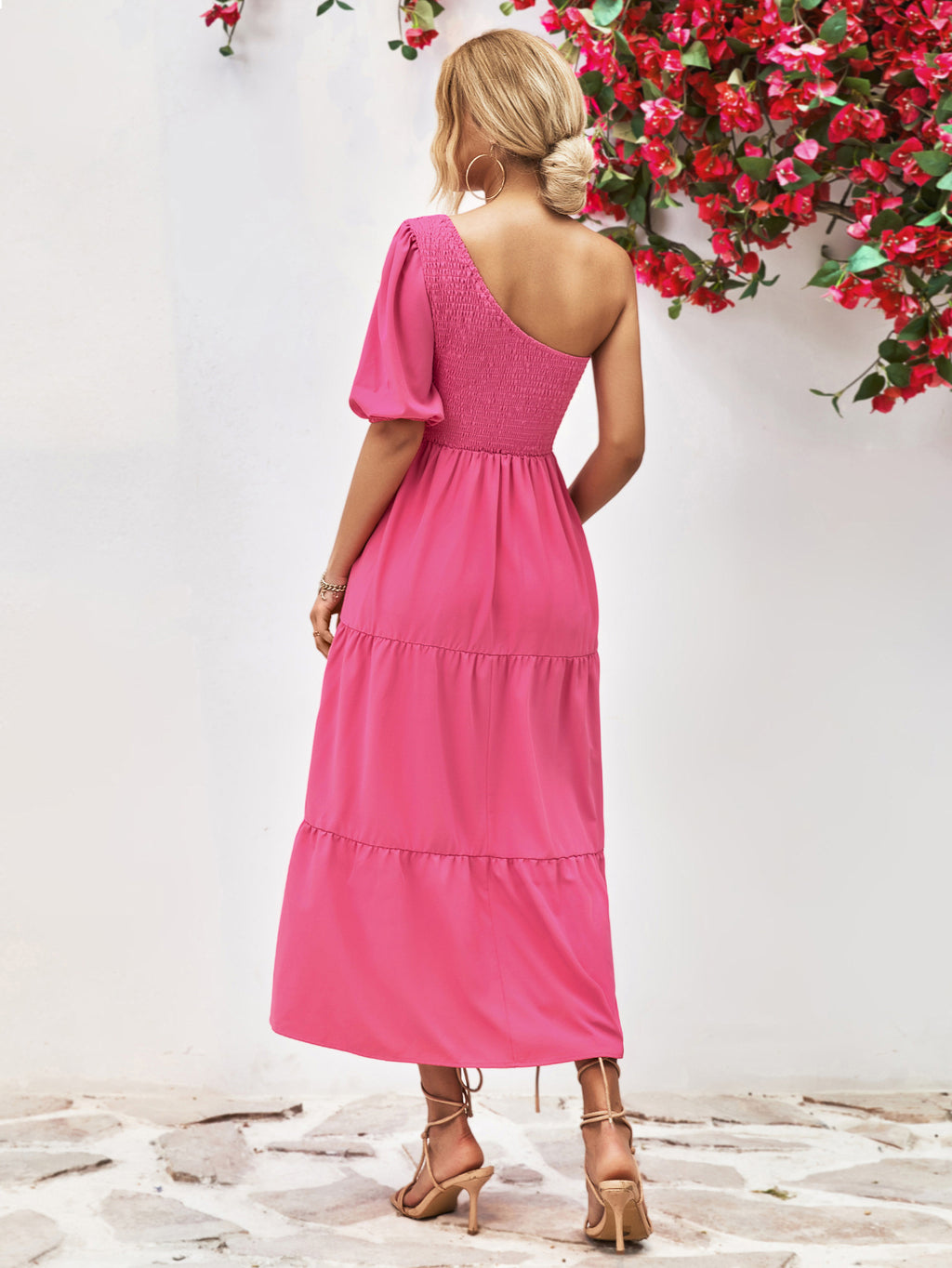 Smocked One-shoulder Midi Dress (2)