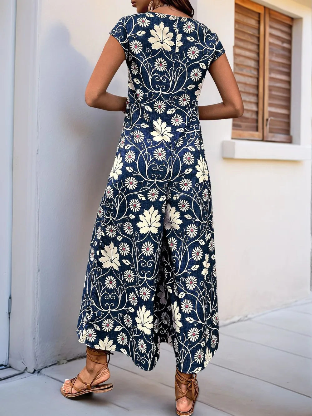Printed Round Neck Cap Sleeve Wide Leg Jumpsuit (8)