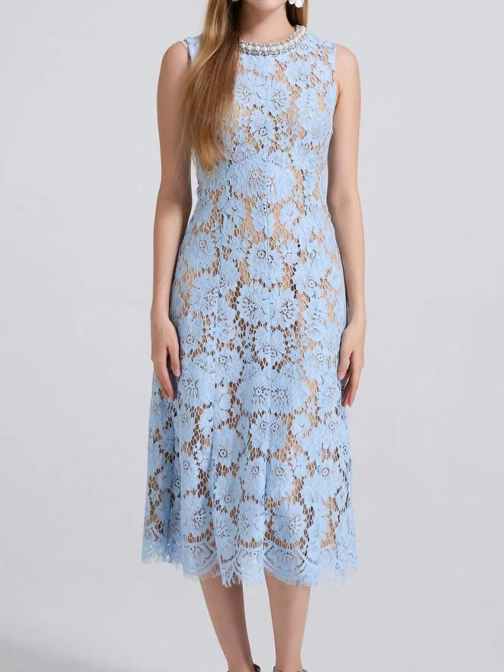Pearl Neckline Sleeveless Lace Dress (8)