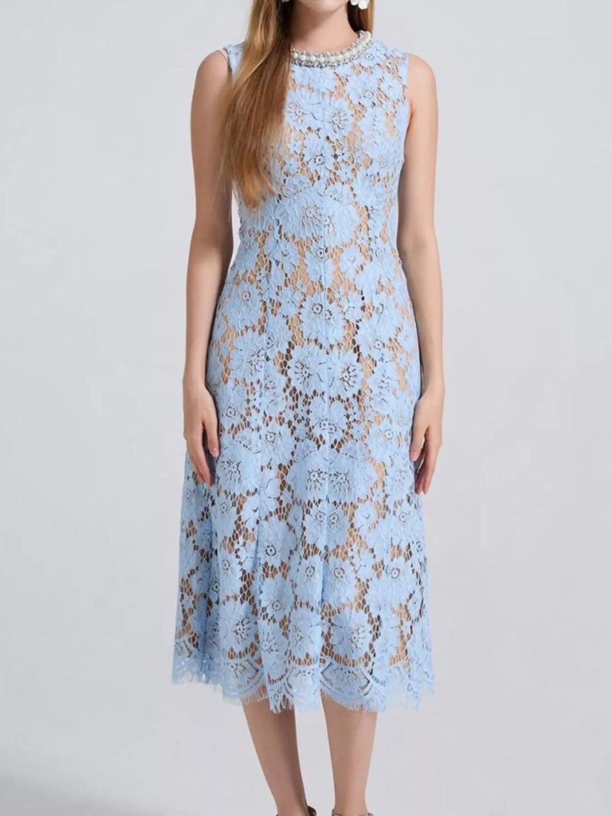 Pearl Neckline Sleeveless Lace Dress (8)
