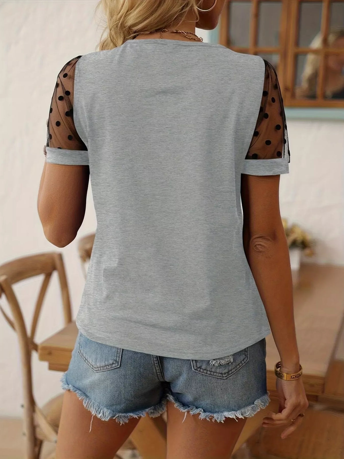 Polka Dot Mesh Sleeve T-shirt (10)