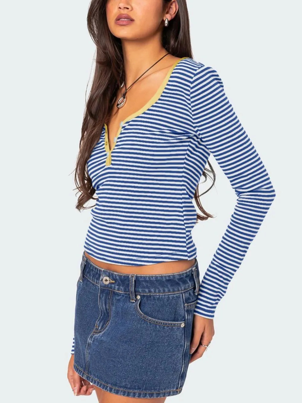 Buttoned Striped Long Sleeve T-shirt (13)