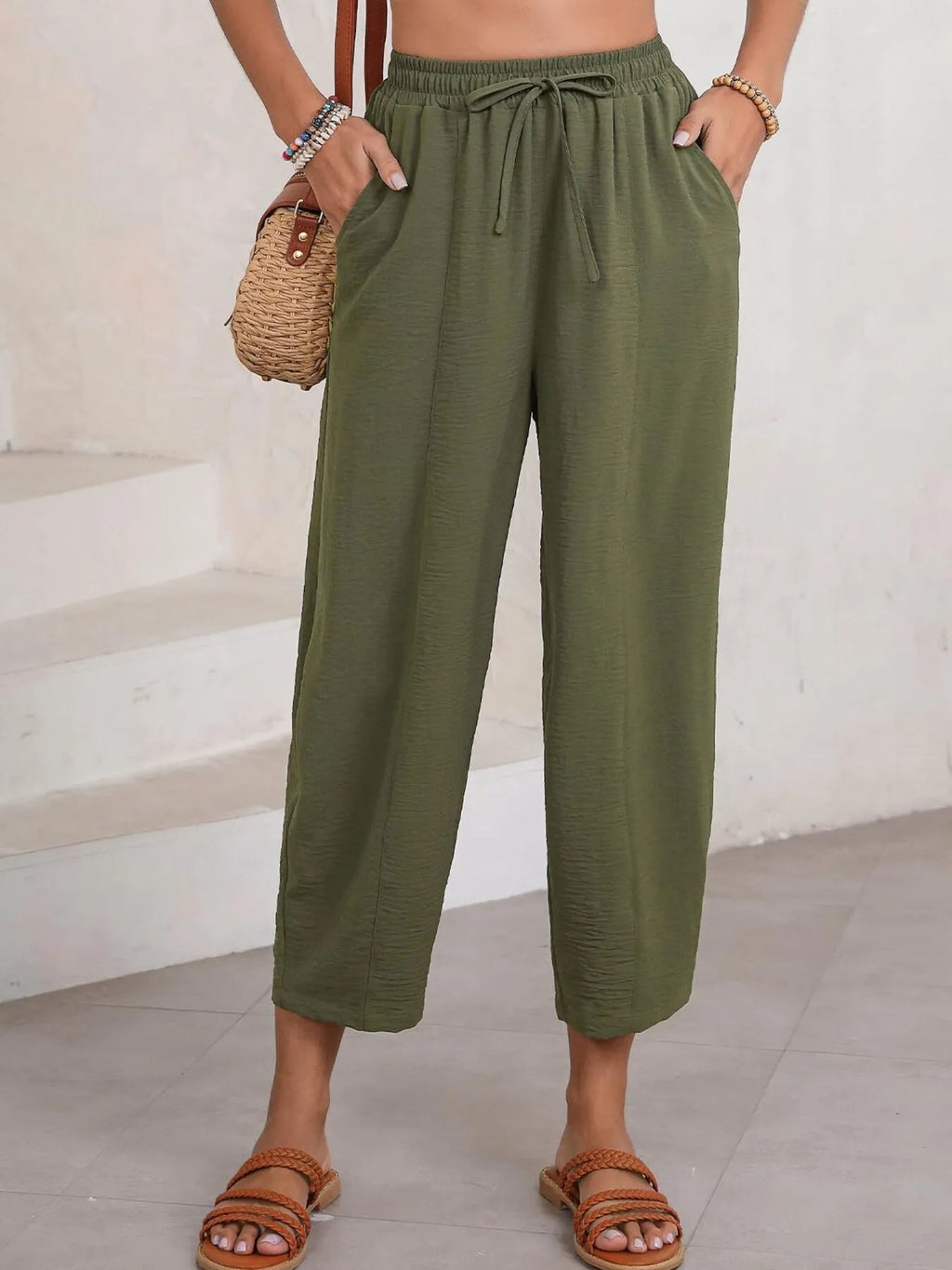 Full Size Drawstring Wide Leg Cropped Pants Plus