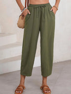 Full Size Drawstring Wide Leg Cropped Pants Plus