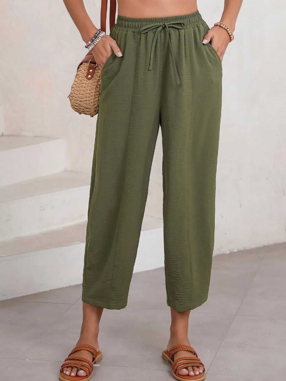 Full Size Drawstring Wide Leg Cropped Pants Plus