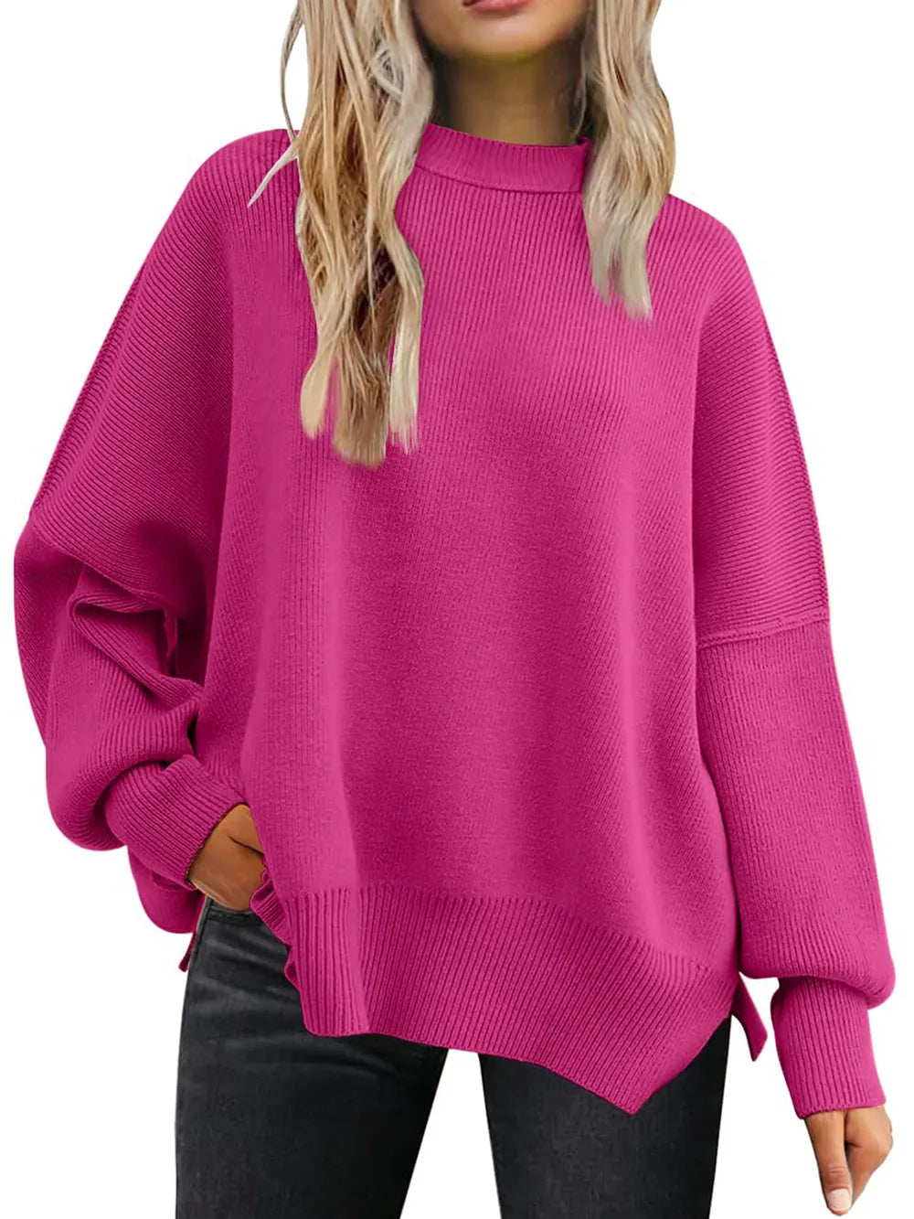 Slit Round Neck Dropped Shoulder Sweater (32)