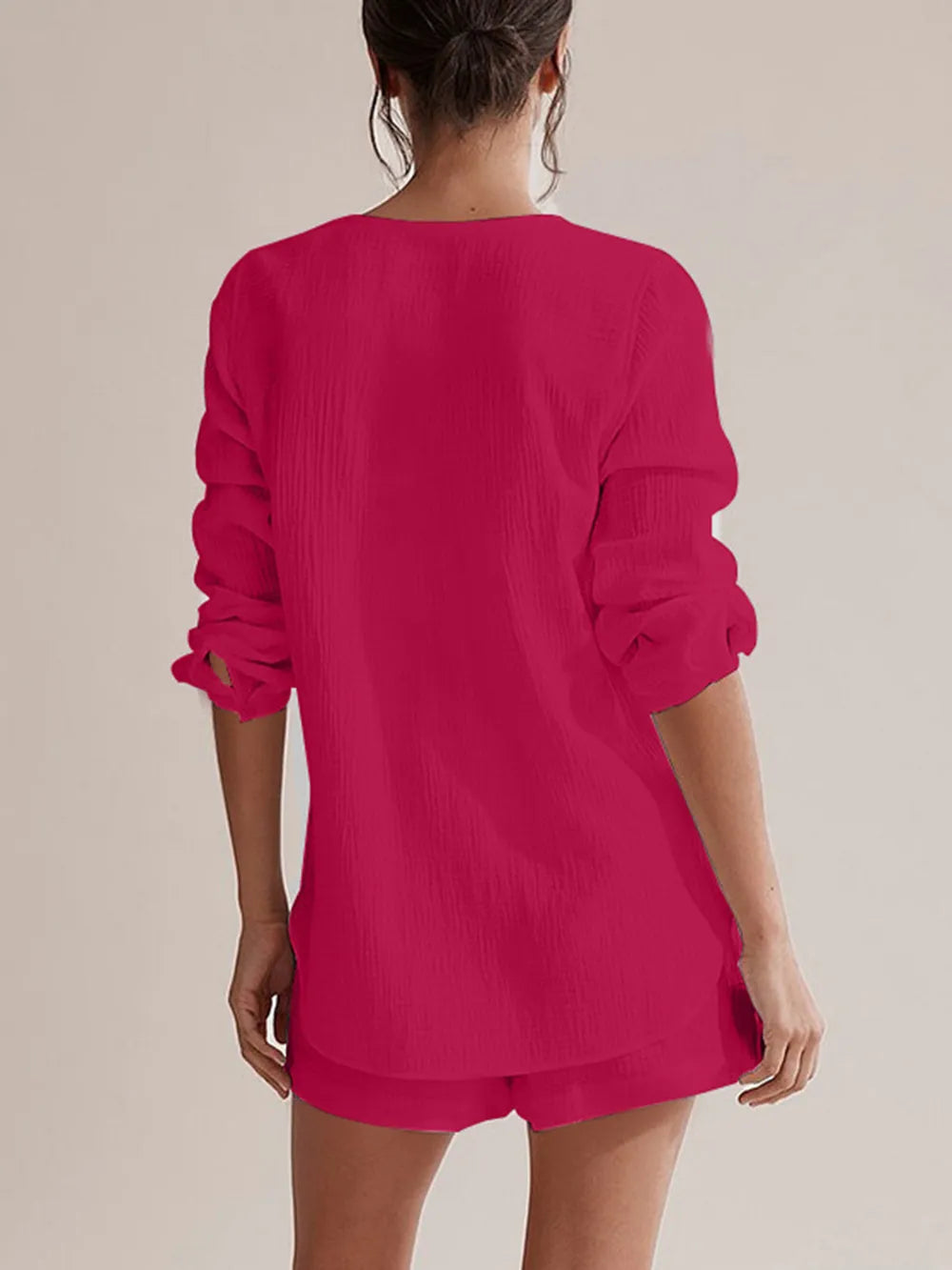 Notched Long Sleeve Top Shorts Set (21)