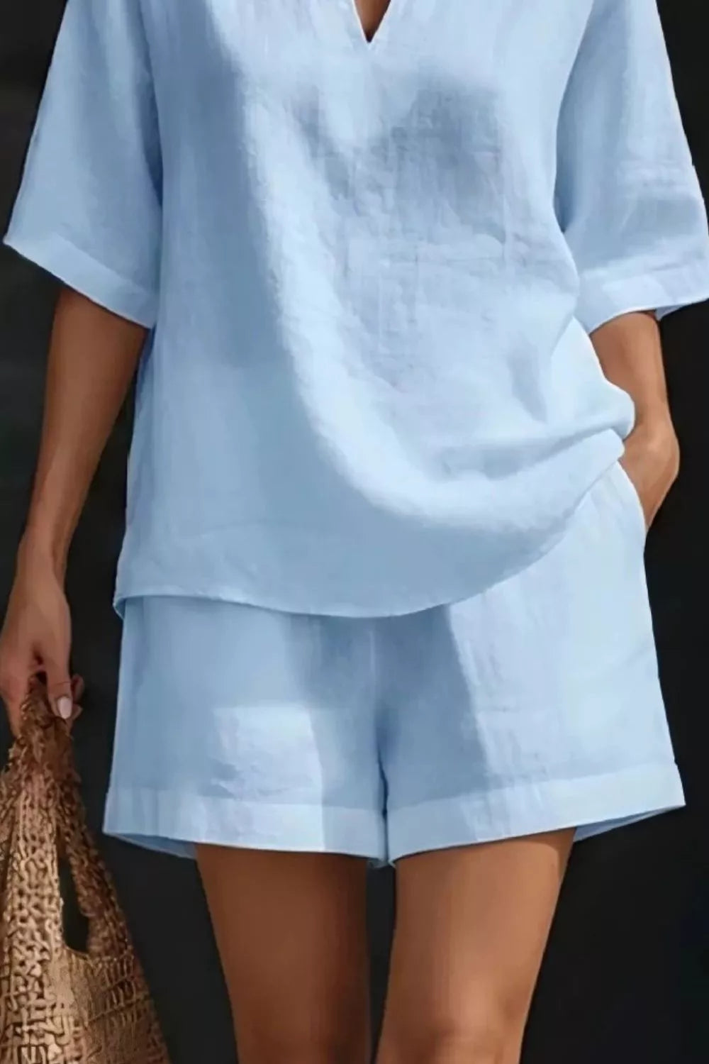 Notched Half Sleeve Top Shorts Set (12)
