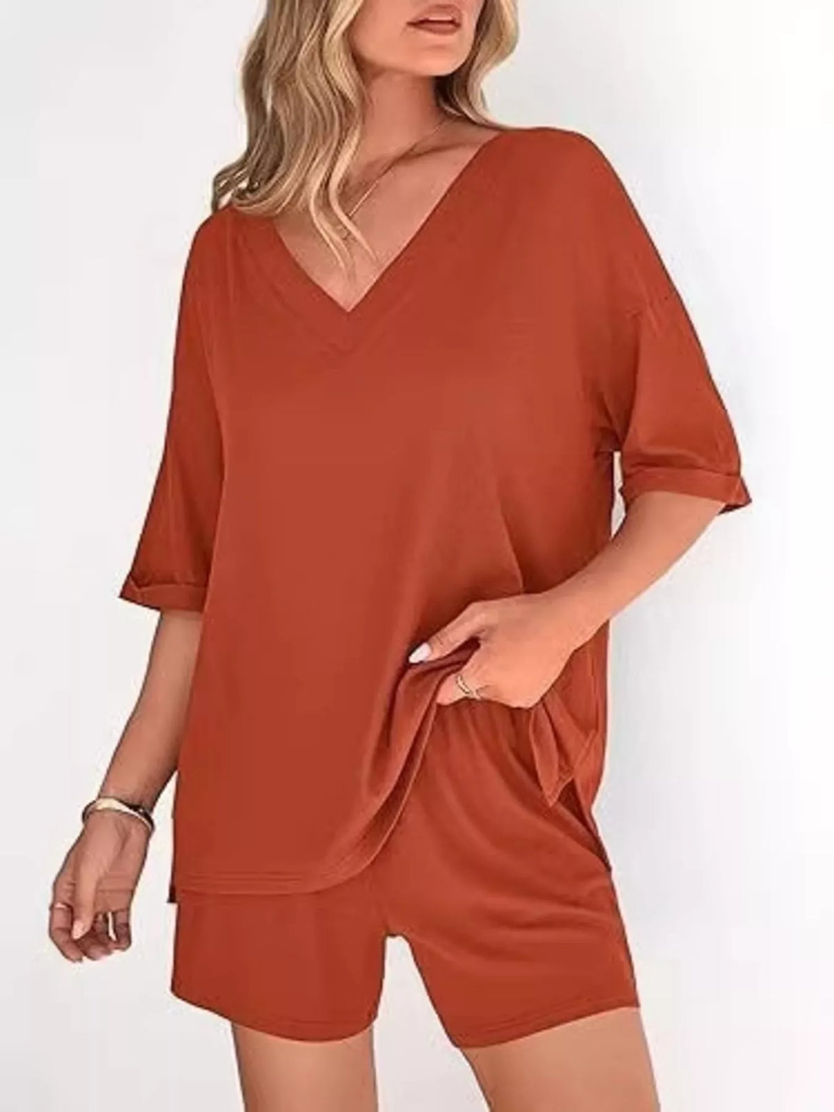 Solid Color V-neck Shorts Set (11)