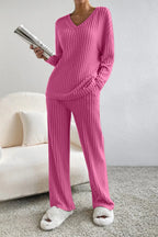 Ribbed V-neck Top Pants Set (21)