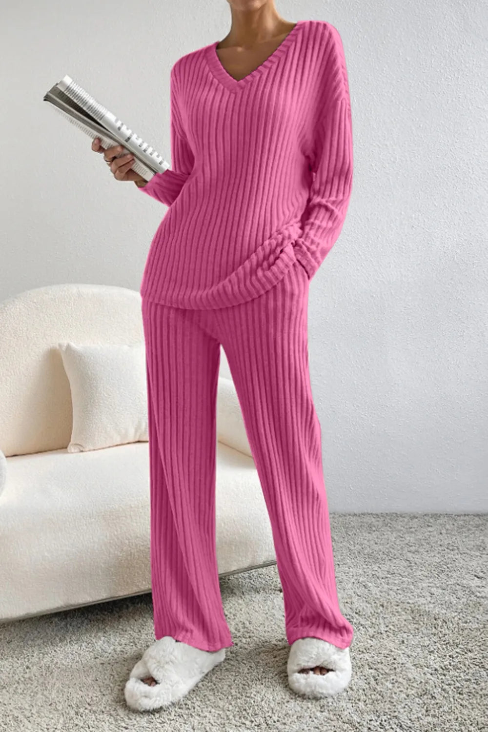Ribbed V-neck Top Pants Set (21)