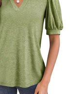Puff Sleeve Notched Casual T-shirt (6)