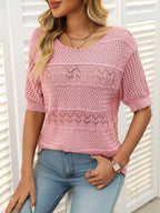 Openwork Round Neck Half Sleeve Knit Top (3)