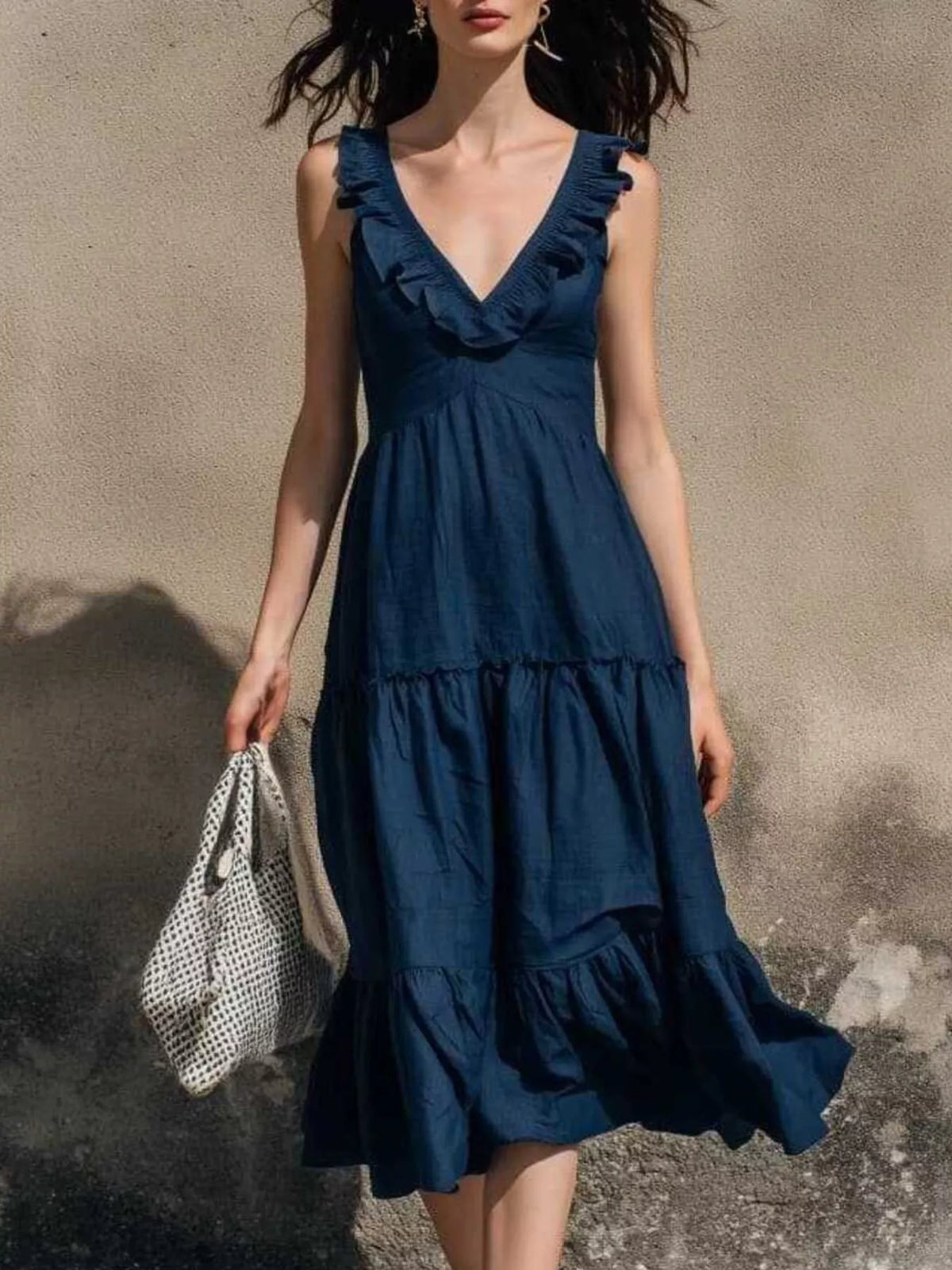 Full Size Ruffled V-neck Tiered Midi Dress Plus (4)