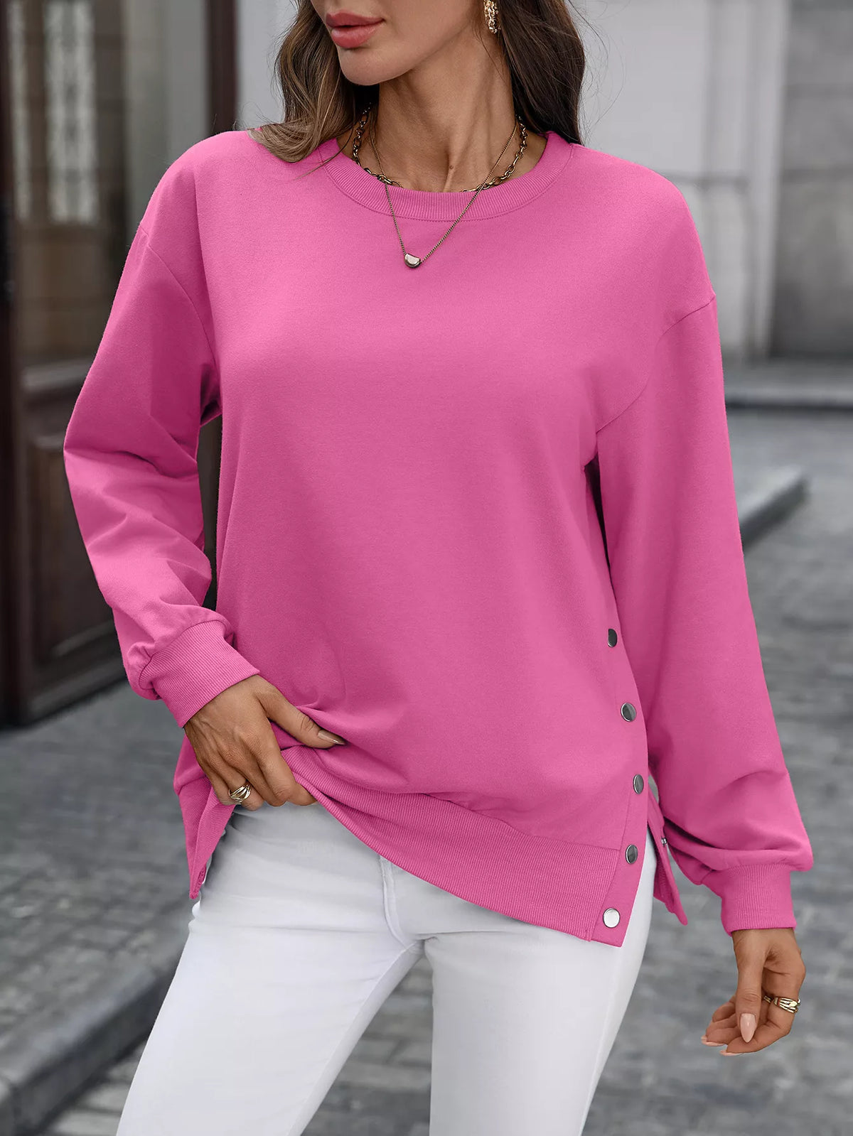 Side Snap Round Neck Sweatshirt (9)