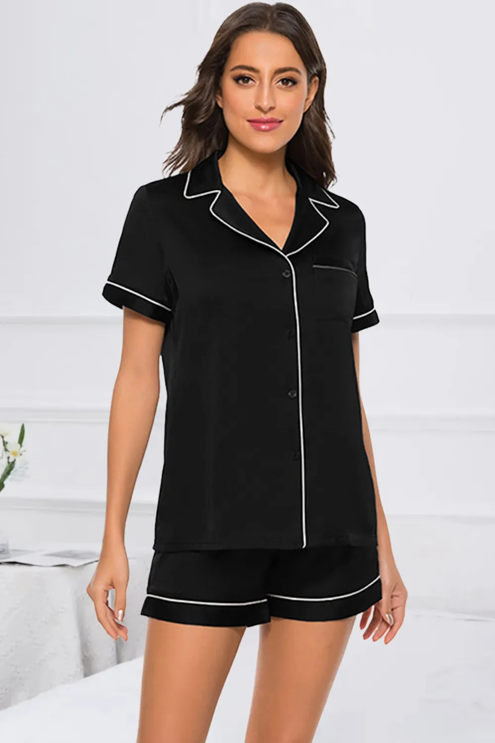 Printed Button Up Short Sleeve Top Shorts Lounge Set (31)