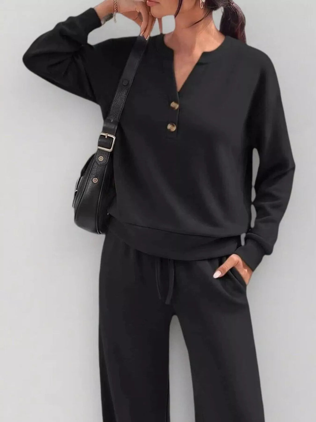 Button Detail Dropped Shoulder Top Pants Set (9)