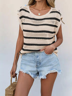 Striped Cap Sleeve Crochet Knit Top (2)