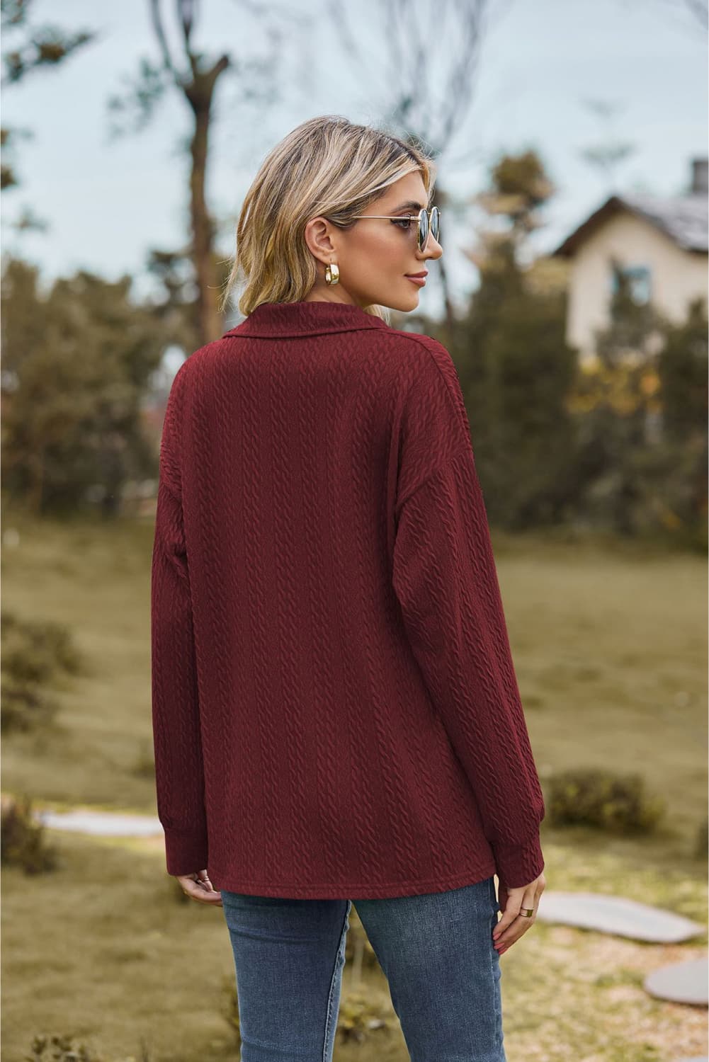 Collared Neck Cable-knit Long Sleeve Blouse (15)
