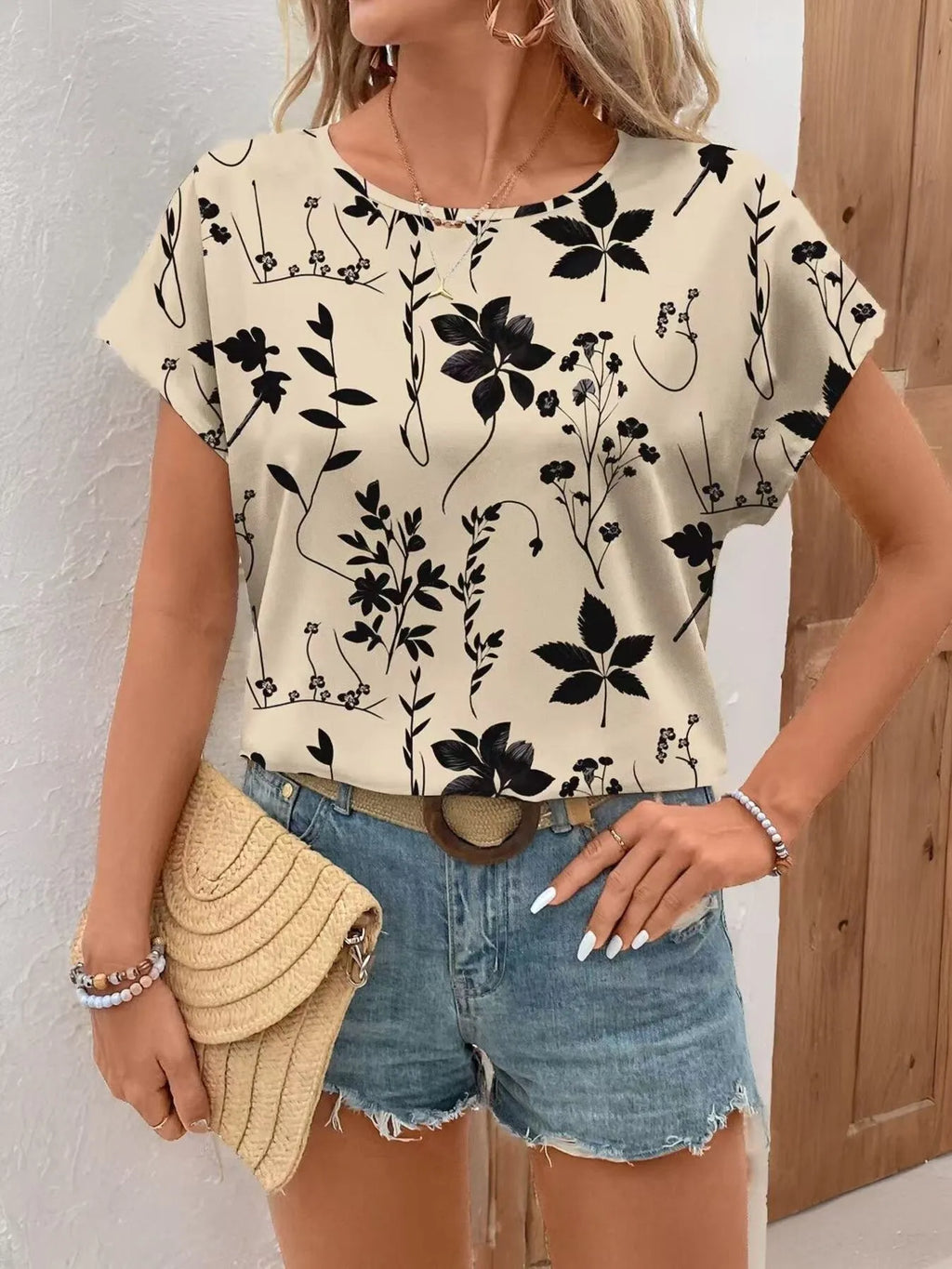Printed Round Neck Short Sleeve Blouse