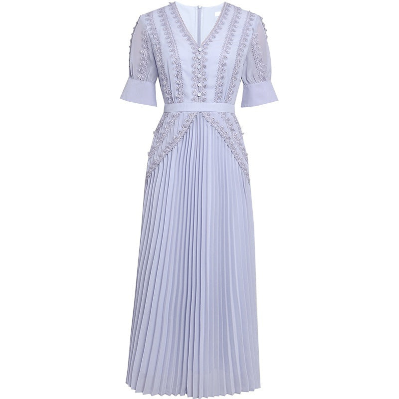 V-neck Tight Waist Pleated Swing Long Jumpsuit Bud photo 1
