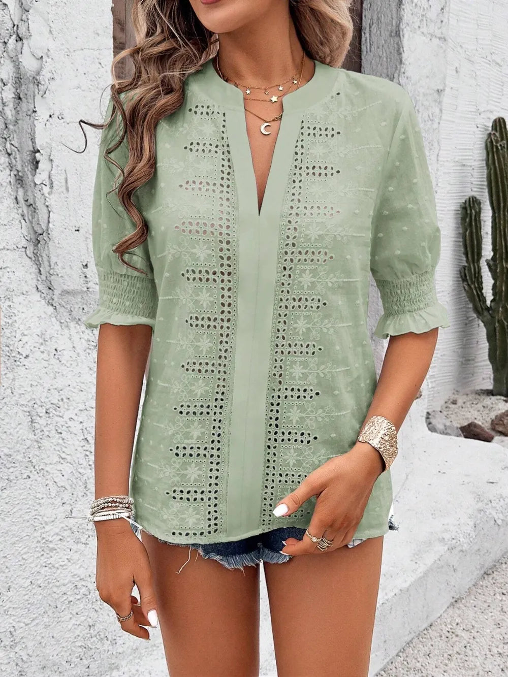 Eyelet Notched Flounce Sleeve Blouse (12)