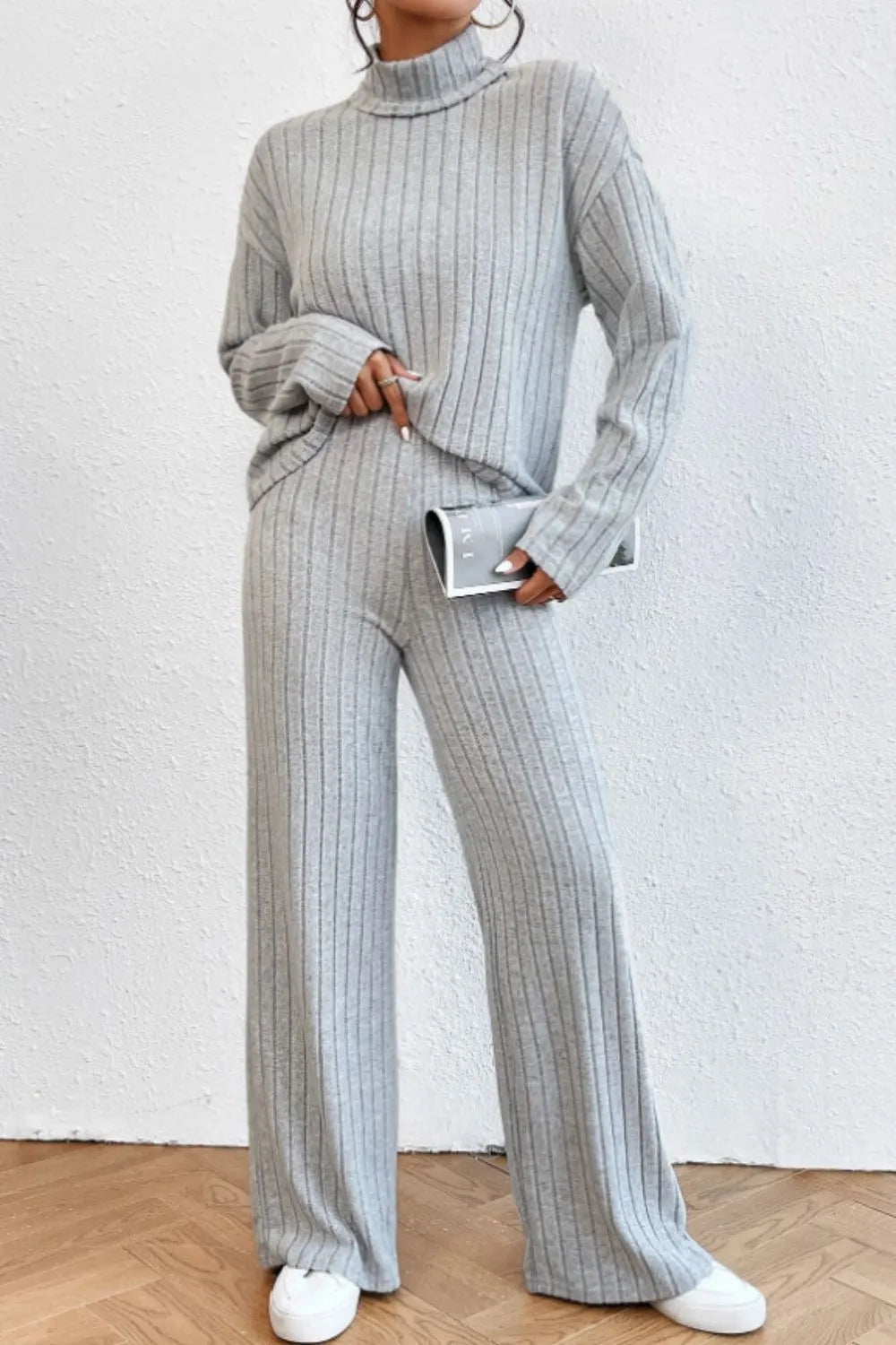 Mock Neck Dropped Shoulder Top Pants Set (3)