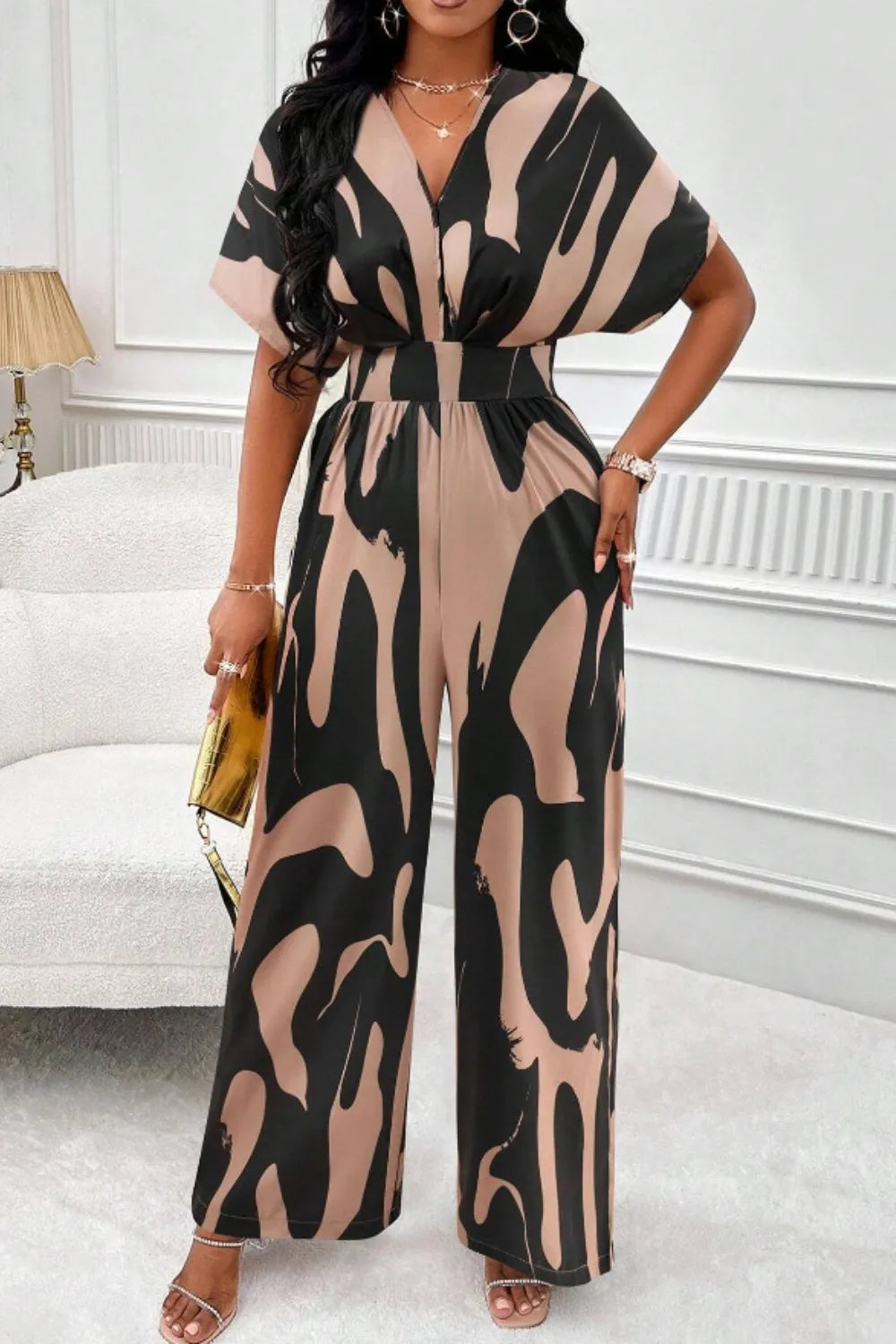 Printed V-neck Short Sleeve Wide Leg Jumpsuit (11)