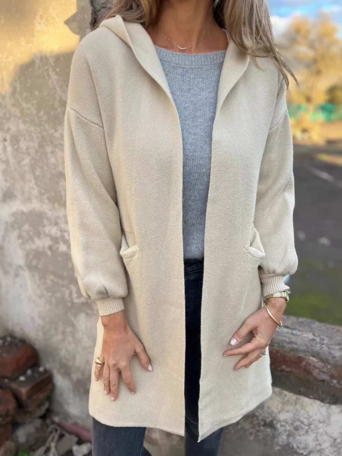 Full Size Open Front Drop Shoulder Hooded Cardigan Plus (5)
