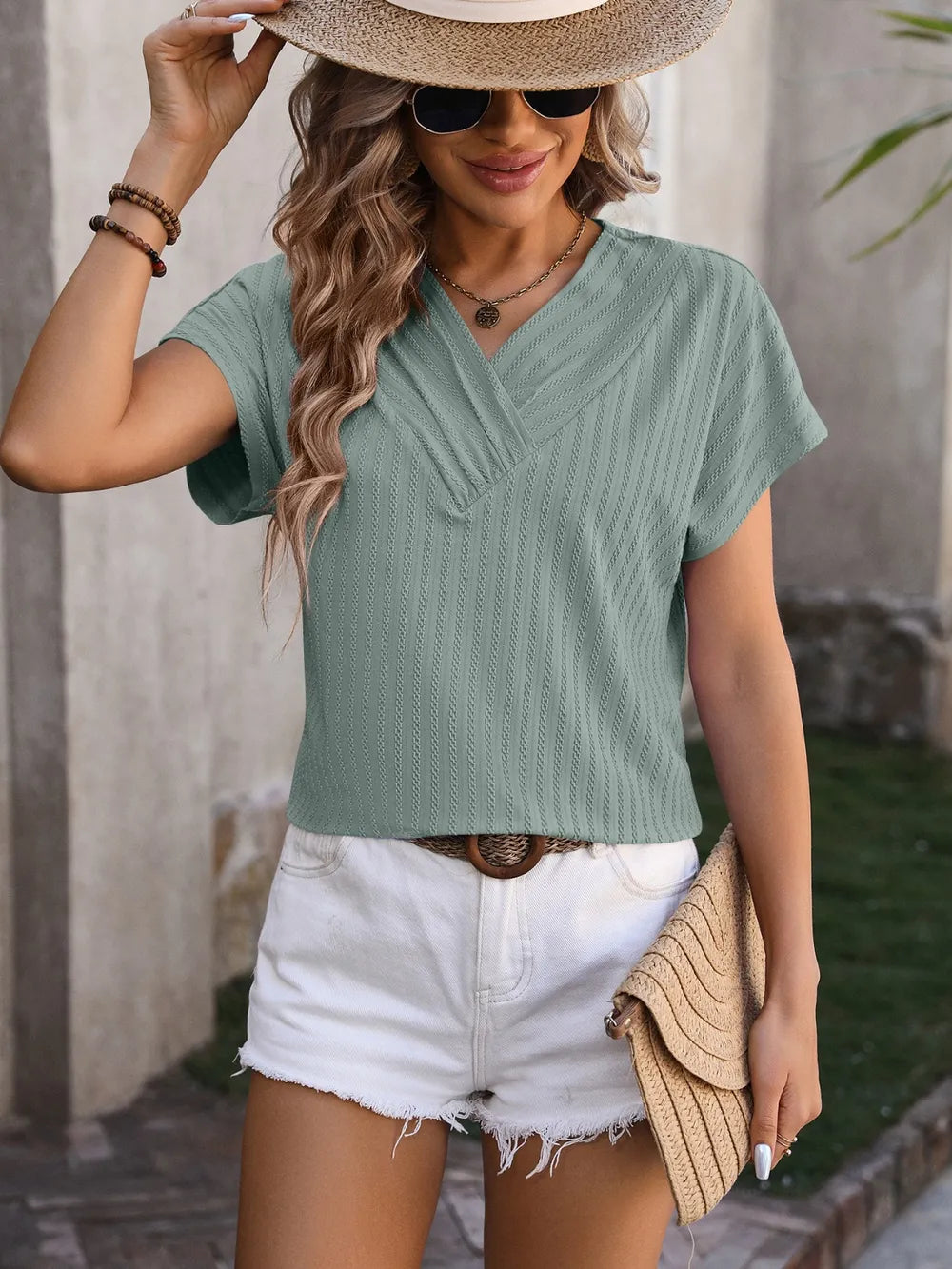 Textured Surplice Short Sleeve Blouse (3)