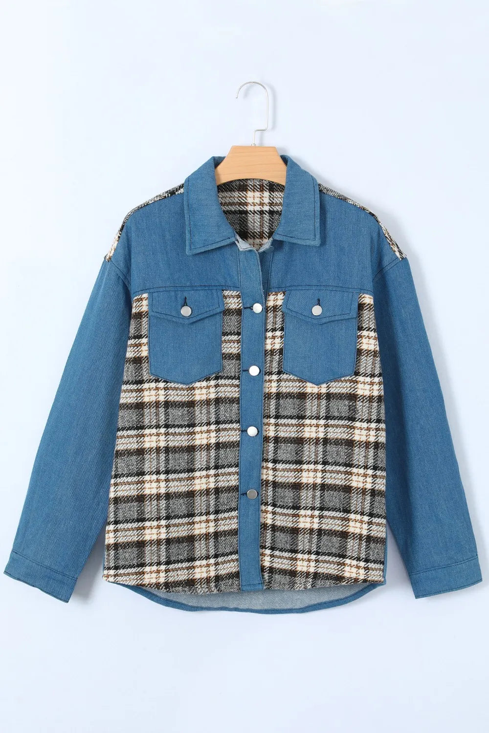 Plaid Pocketed Button Up Denim Jacket (14)