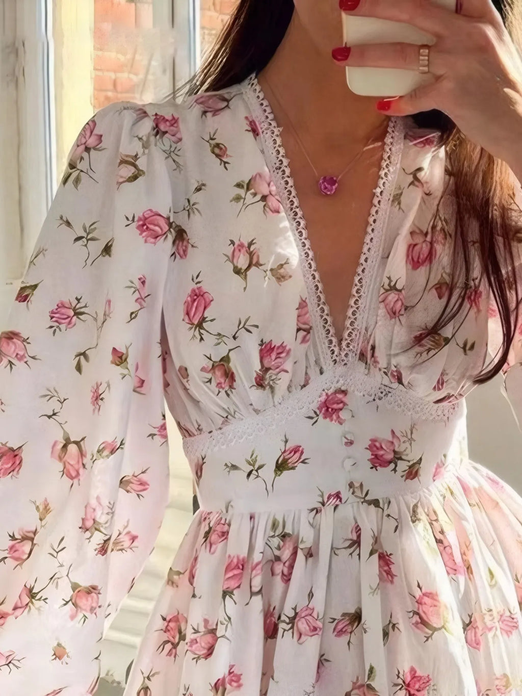 Full Size Floral Print Lace Detail V-neck Mini Dress Plus (6)