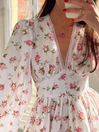 Full Size Floral Print Lace Detail V-neck Mini Dress Plus (6)