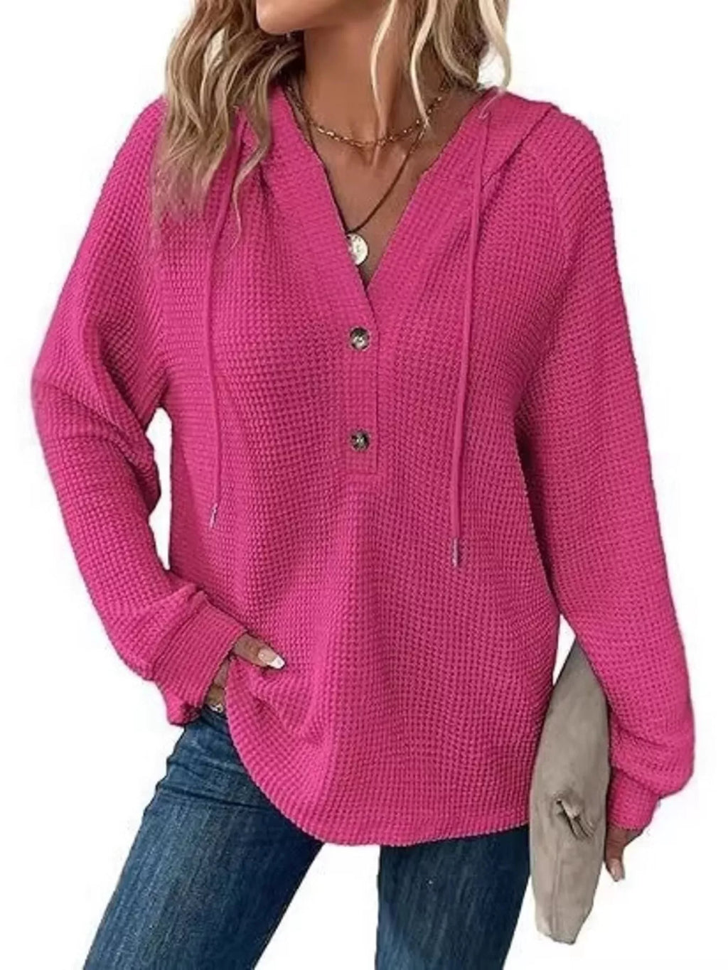 Full Size Button Detail Waffle Knit Hoodie Plus (32)