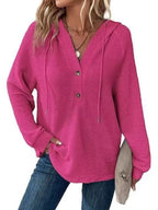 Full Size Button Detail Waffle Knit Hoodie Plus (32)