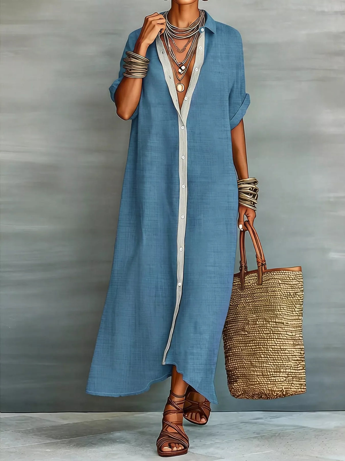 Casual Linen Shirt Dress Button-down Front (8)