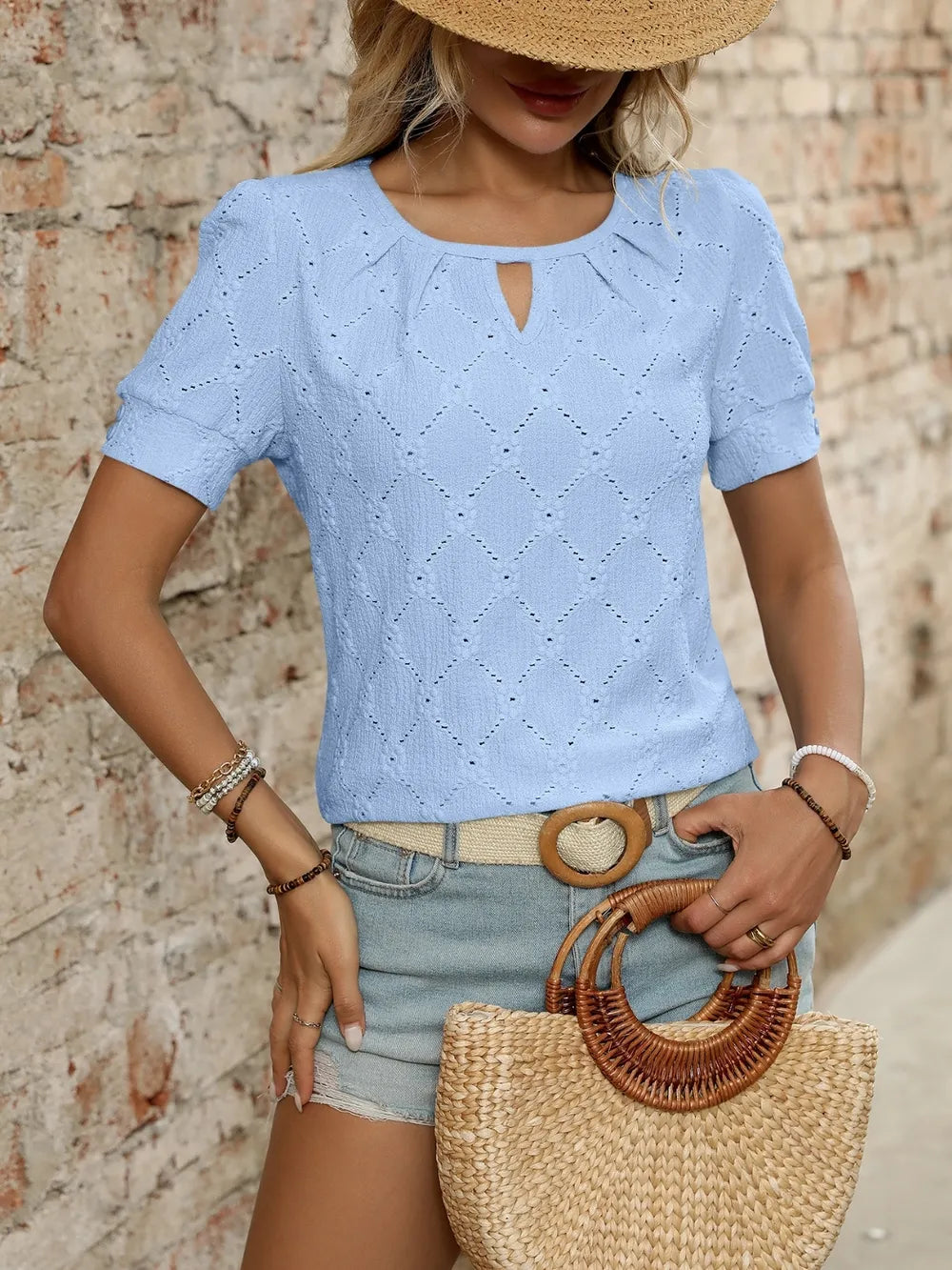 Eyelet Round Neck Short Sleeve Top (4)