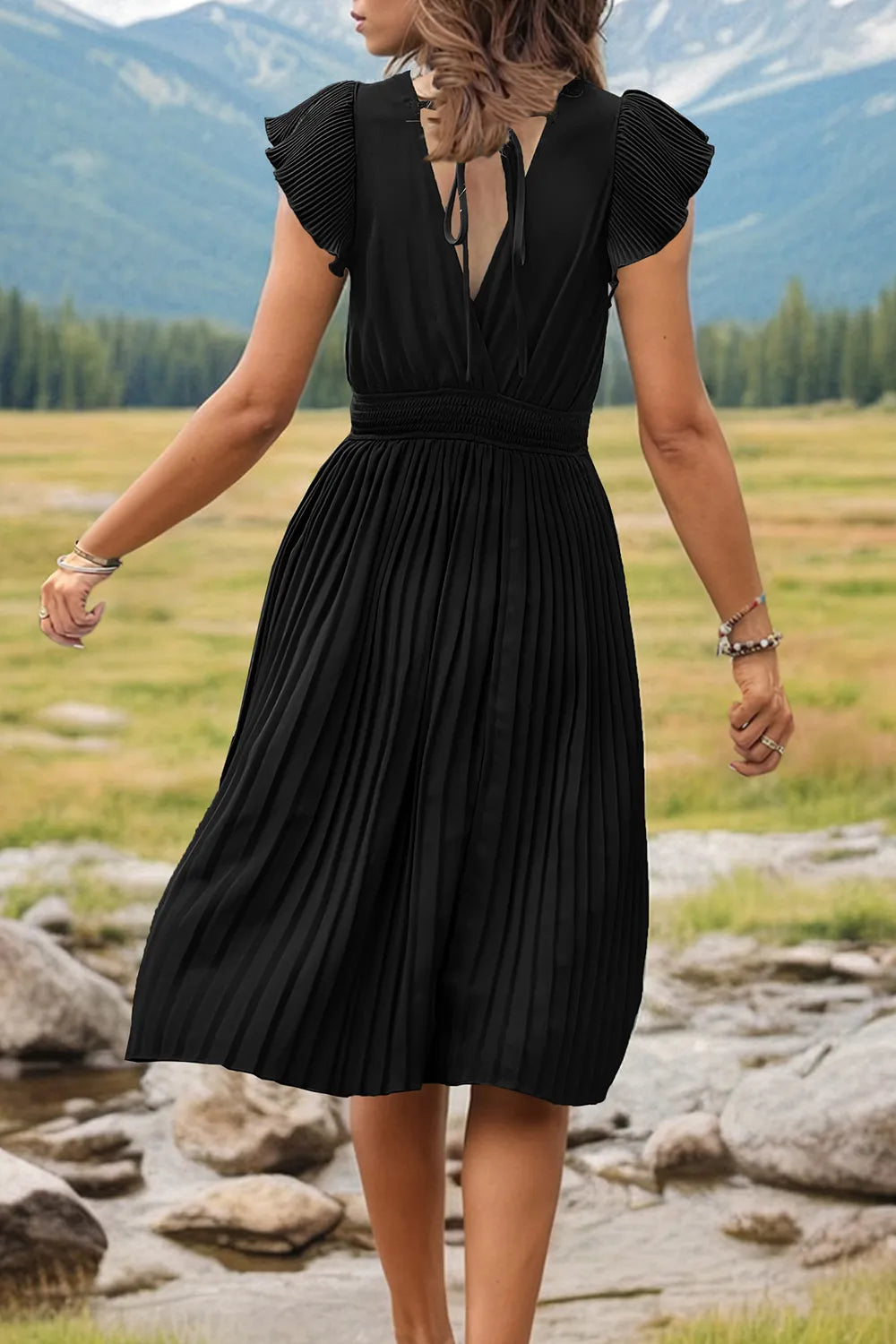 Tied Smocked Waist Flutter Sleeve Dress (16)