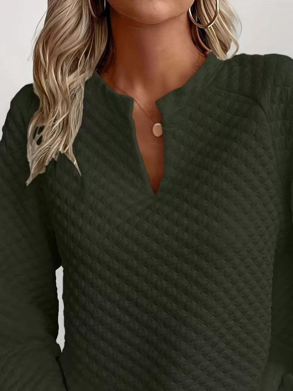 Quilted Texture Long Sleeve Sweatshirt Notched Neck (13)