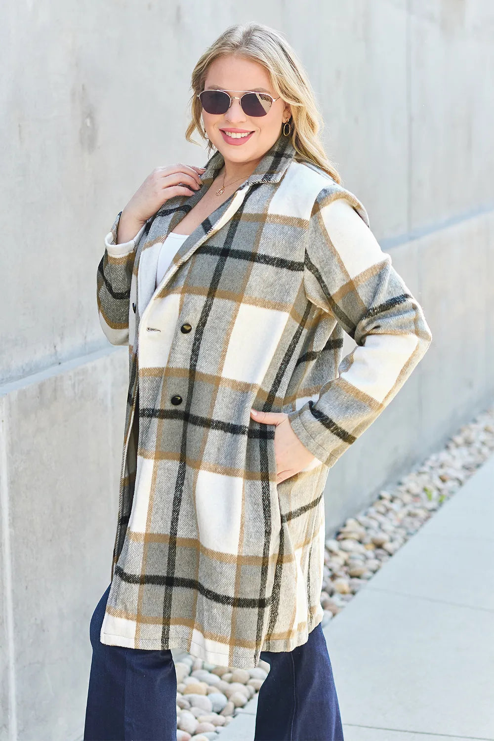 Full Size Plaid Button Up Lapel Collar Coat (30)