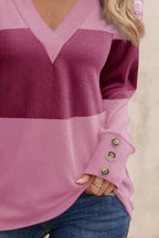 Decorative Button Contrast V-neck Long Sleeve T-shirt (12)